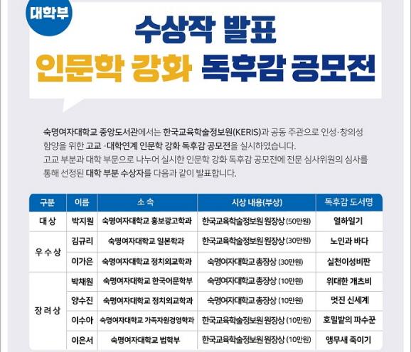 인문학 강화 독후감 공모전 수상작 선정돼